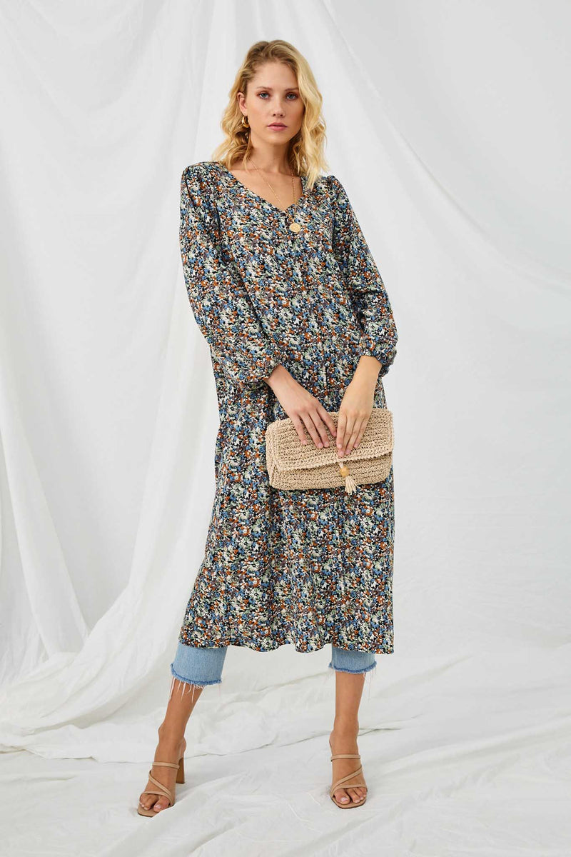 HN4226 BLACK Womens Floral Buttoned Puff Sleeve Duster Full Body