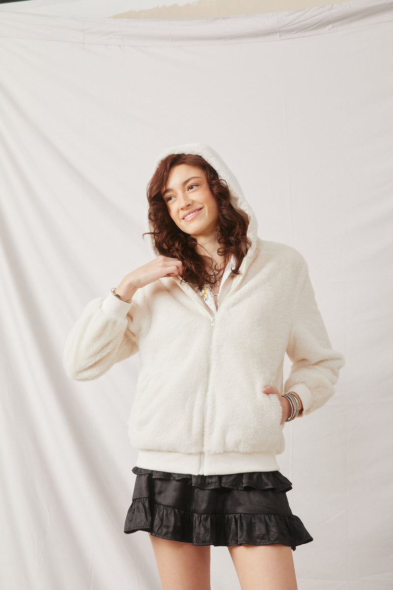 HN4234 Cream Womens Soft Fleece Hooded Zip Up Jacket Pose