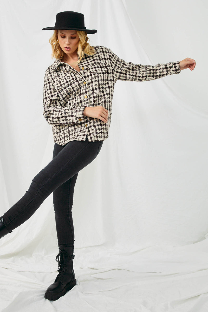 HN4239 BROWN Womens Textured Checker Side Pocket Shacket Side