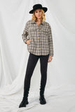 HN4239 BROWN Womens Textured Checker Side Pocket Shacket Full Body