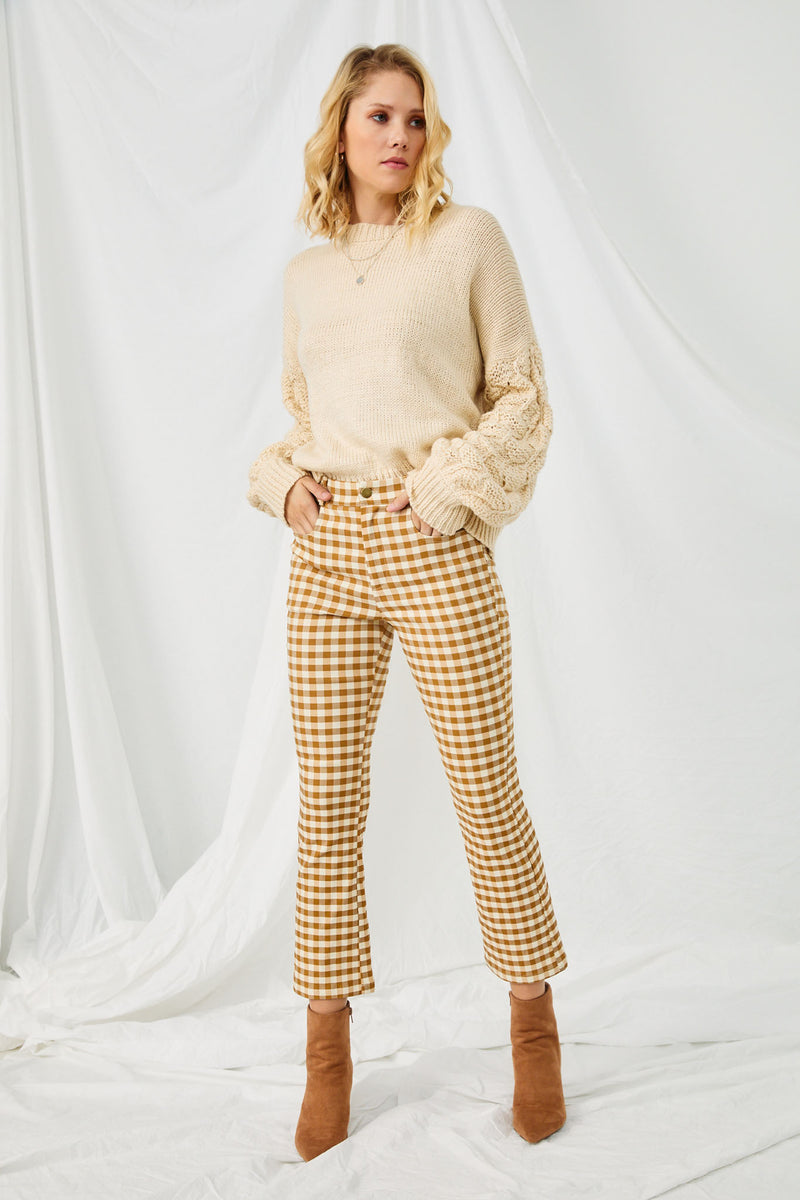 HN4257 MUSTARD Womens Elastic Waist Stretch Checkerboard Pants Full Body