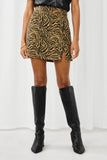 HN4278 TAN Womens Corduroy Zebra Print Slit Skirt Front