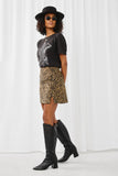HN4278 TAN Womens Corduroy Zebra Print Slit Skirt Side