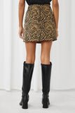 HN4278 TAN Womens Corduroy Zebra Print Slit Skirt Back