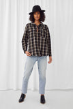 HN4285 Black Womens Heavy Plaid Patch Pocket Shacket Full Body 2