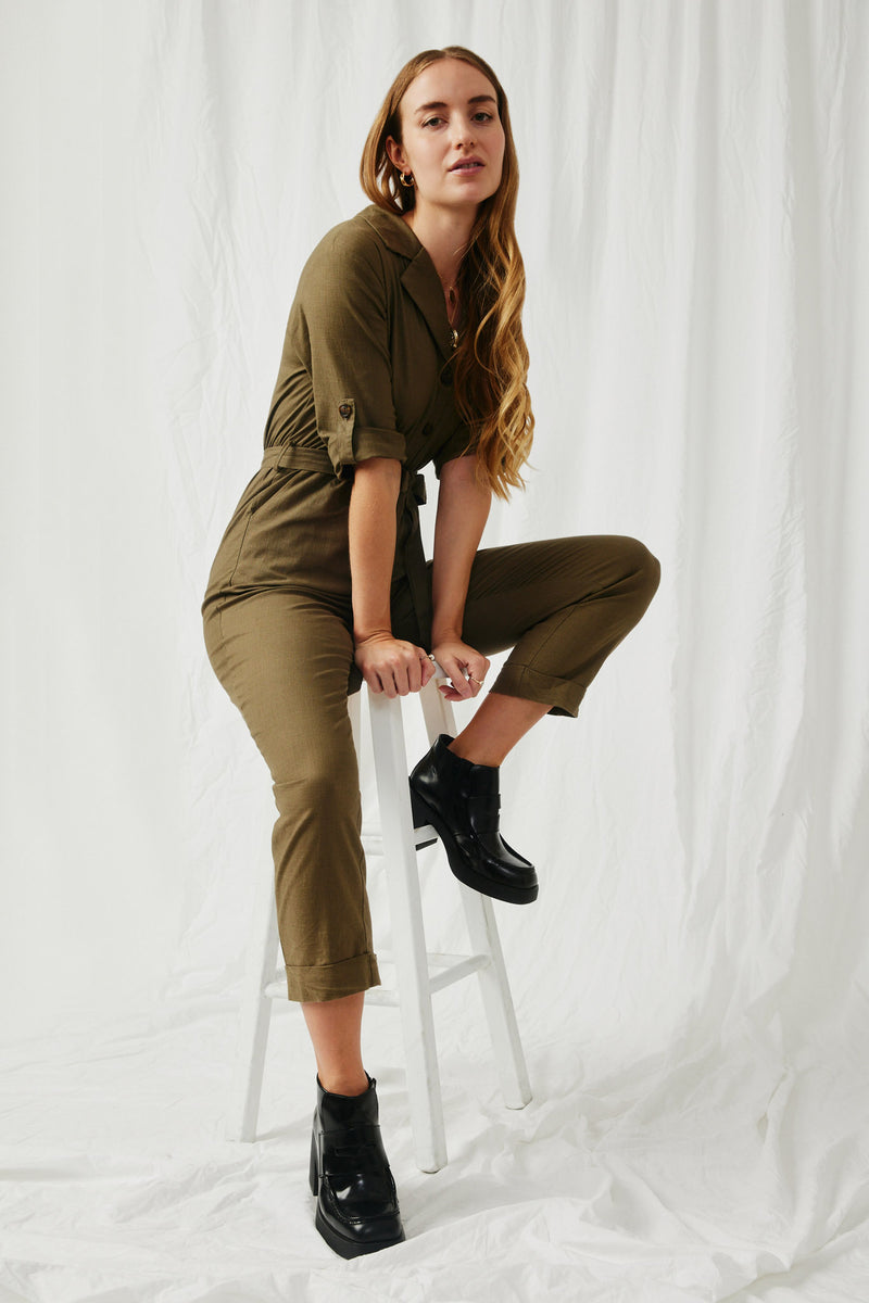 HN4292 Olive Womens Rolled Sleeve Collared Jumpsuit with Belt Pose