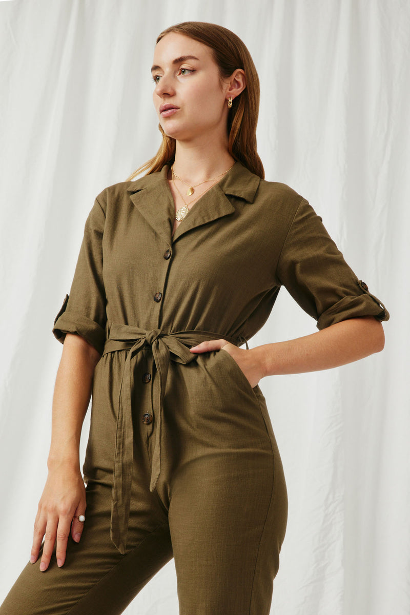 HN4292 Olive Womens Rolled Sleeve Collared Jumpsuit with Belt Detail