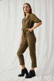 HN4292 Olive Womens Rolled Sleeve Collared Jumpsuit with Belt Side