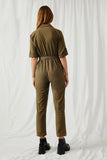 HN4292 Olive Womens Rolled Sleeve Collared Jumpsuit with Belt Back