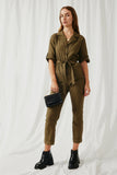 HN4292 Olive Womens Rolled Sleeve Collared Jumpsuit with Belt Full Body