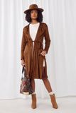 HN4297 BROWN Womens Suede Collared Belted Side Slit Duster Full Body