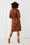 HN4297 BROWN Womens Suede Collared Belted Side Slit Duster Back