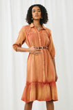 HN4299 RUST Womens Button Up Collared Long Sleeve Vintage Overdye Dress Front