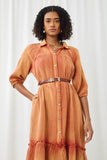 HN4299 RUST Womens Button Up Collared Long Sleeve Vintage Overdye Dress Detail