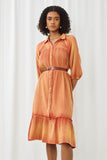 HN4299 RUST Womens Button Up Collared Long Sleeve Vintage Overdye Dress Front 2