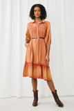 HN4299 RUST Womens Button Up Collared Long Sleeve Vintage Overdye Dress Full Body
