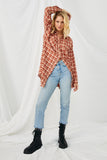 HN4313 RUST Womens Plaid Oversize Pocket Button Up Long Sleeve Shirt Full Body