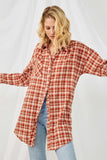 HN4313 RUST Womens Plaid Oversize Pocket Button Up Long Sleeve Shirt Front 2