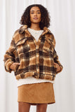 HN4321 BROWN Womens Plaid Fleece Button Up Jacket Detail