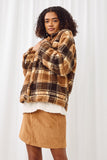 HN4321 BROWN Womens Plaid Fleece Button Up Jacket Side