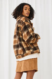 HN4321 BROWN Womens Plaid Fleece Button Up Jacket Side 2