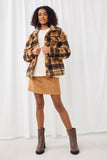 HN4321 BROWN Womens Plaid Fleece Button Up Jacket Front