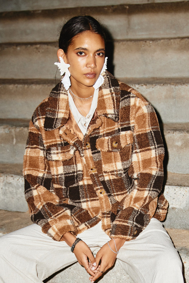 Womens Plaid Fleece Button Up Jacket Front