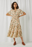 HN4524 Sage Womens Ruffled Tie Neck Cinch Waist Floral Print Dress Full Body