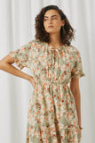 HN4524 Sage Womens Ruffled Tie Neck Cinch Waist Floral Print Dress Front