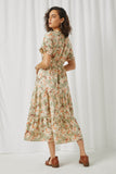 HN4524 Sage Womens Ruffled Tie Neck Cinch Waist Floral Print Dress Back