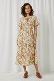 HN4524 Sage Womens Ruffled Tie Neck Cinch Waist Floral Print Dress Full Body 2