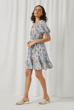 HN4540 Blue Womens Floral Cinch Waist Smocked Back Dress Full Body