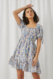 HN4540 Blue Womens Floral Cinch Waist Smocked Back Dress Front