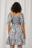 HN4540 Blue Womens Floral Cinch Waist Smocked Back Dress Back