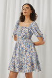 HN4540 Blue Womens Floral Cinch Waist Smocked Back Dress Alternate Angle