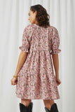 HN4575 Mauve Womens Floral Print Tie Neck Cinch Sleeve Dress Back