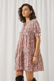 HN4575 Mauve Womens Floral Print Tie Neck Cinch Sleeve Dress Side