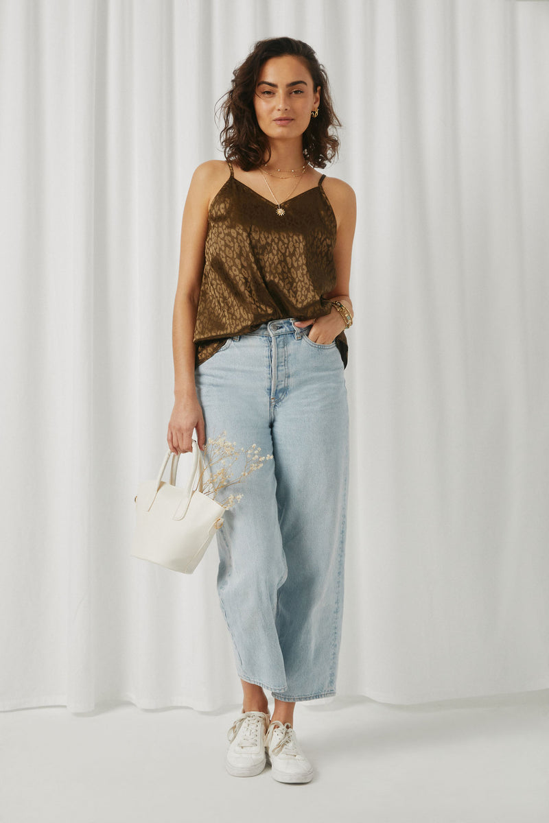 HN4592 Olive Womens One Tone Animal Print V Neck Cami Full Body