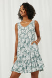 HN4618 Teal Womens Botanical Print Button Detail Tiered Tank Dress Front