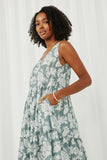 HN4618 Teal Womens Botanical Print Button Detail Tiered Tank Dress Side