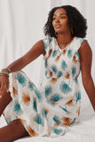 HN4673 Ivory Womens Tropical Botanical Smocked Ruffle Dress Pose