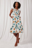 HN4673 Ivory Womens Tropical Botanical Smocked Ruffle Dress Full Body