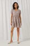 HN4703 Lavender Womens Ditsy Floral Tiered Puff Sleeve V Neck Dress Full Body