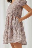 HN4703 Lavender Womens Ditsy Floral Tiered Puff Sleeve V Neck Dress Detail