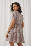 HN4703 Lavender Womens Ditsy Floral Tiered Puff Sleeve V Neck Dress Back