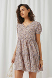 HN4703 Lavender Womens Ditsy Floral Tiered Puff Sleeve V Neck Dress Front