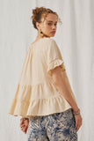 HN4707 Natural Womens Crochet Trim Tiered Tie Front Top Back