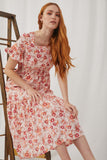 HN4725 Blush Womens Floral Square Neck Smocked Waist Tiered Dress Front