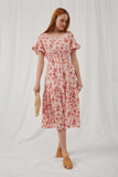 HN4725 Blush Womens Floral Square Neck Smocked Waist Tiered Dress Front