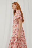 HN4725 Blush Womens Floral Square Neck Smocked Waist Tiered Dress Front